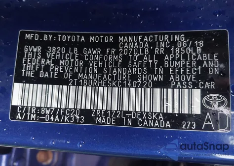 2019 Toyota Corolla Se from USA, damaged, VIN 2T1BURHE5KC140720